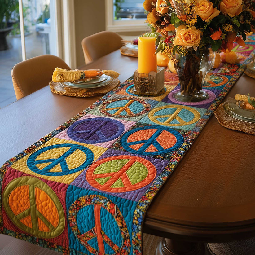 Colorful Peace Sign Hippie Quilted Table Runner EM04