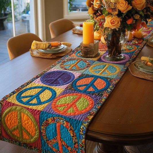 Colorful Peace Sign Hippie Quilted Table Runner EM04