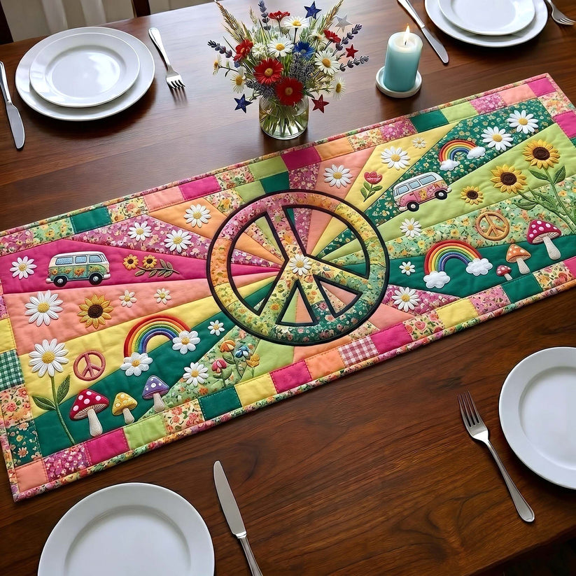 Peace Sign Rainbow Daisy Hippie Quilted Table Runner EM05