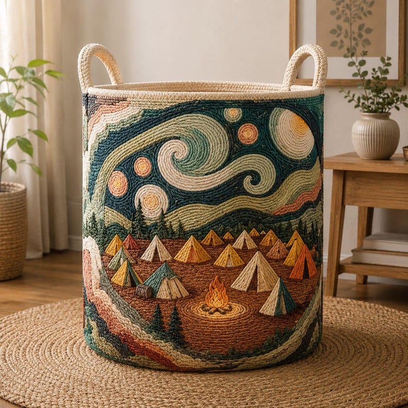 Retro Campfire Quilted Laundry Basket EM03