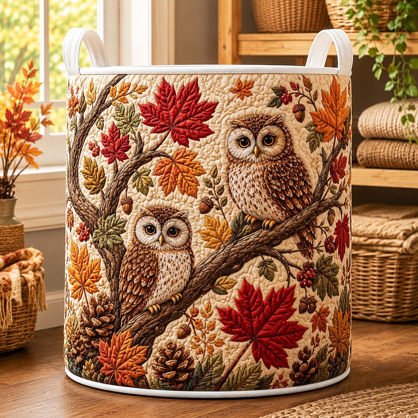 Autumn Leaves Owl Quilted Laundry Basket EM11
