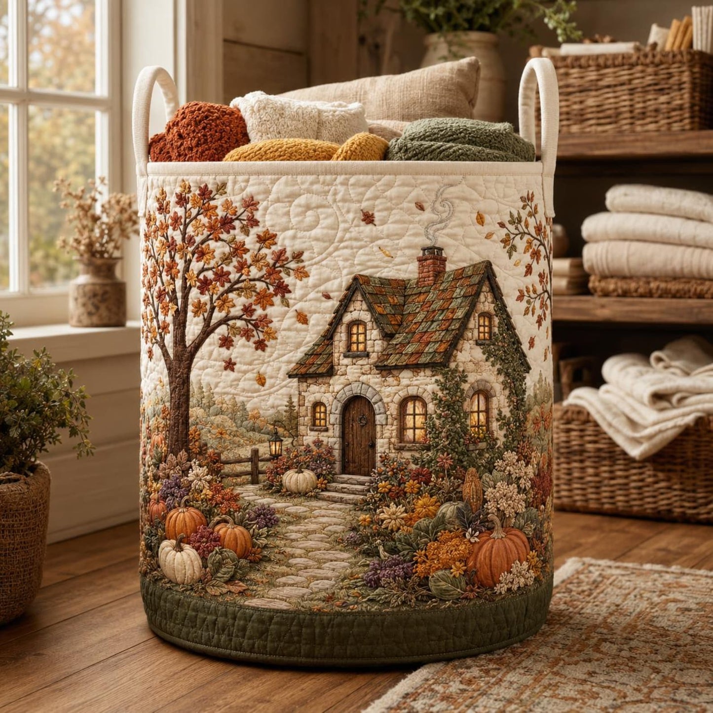 Autumn Cottage Quilted Laundry Basket EM12