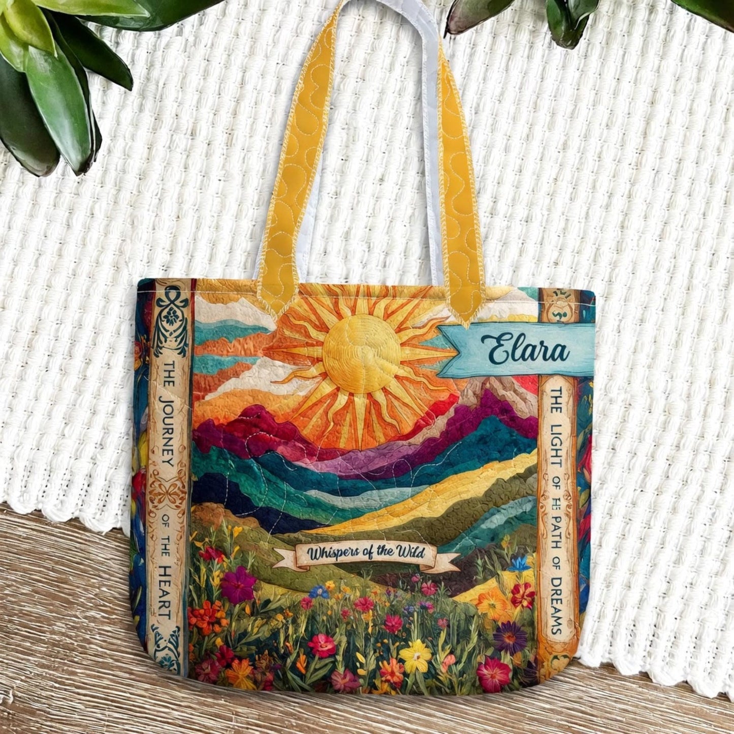 Colorful Mountain Floral Sunset Personalized Quilted Tote Bag EM01