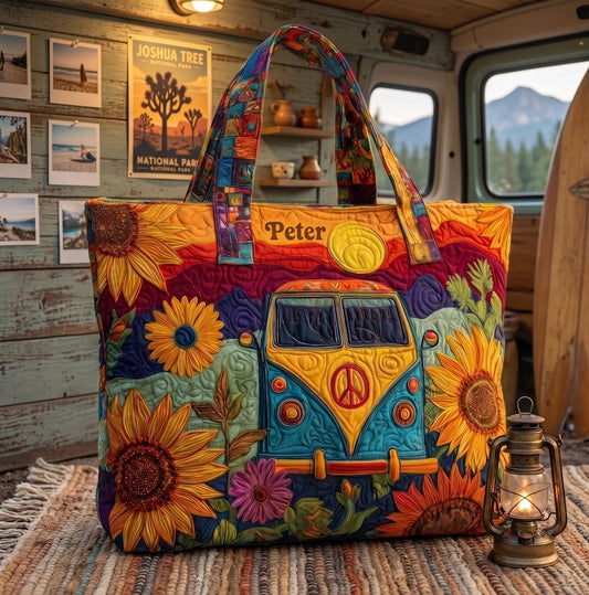 Retro Sunflower Boho Road Trip Personalized Quilted Tote Bag EM04