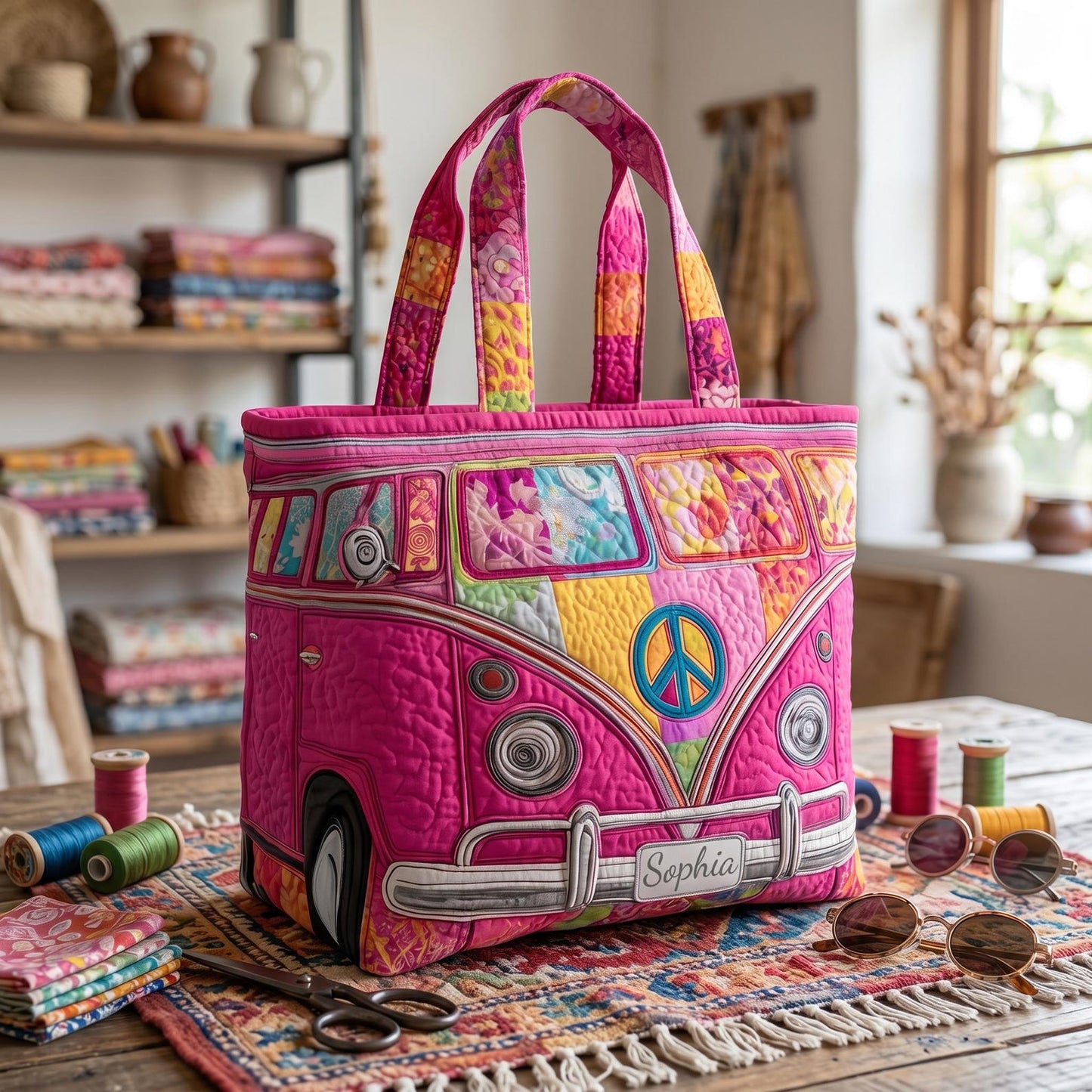 Retro Van Summer Travel Personalized Quilted Tote Bag EM06