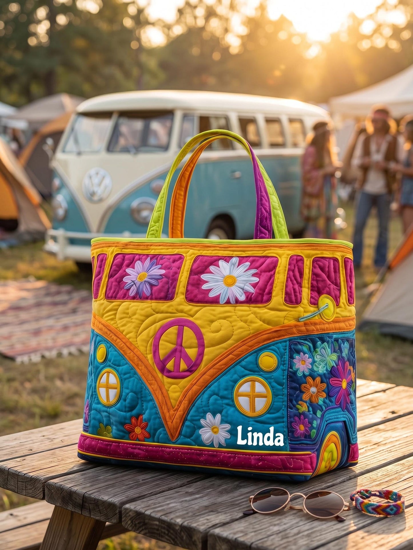 Colorful Flower Bus Hippie Personalized Quilted Tote Bag EM08