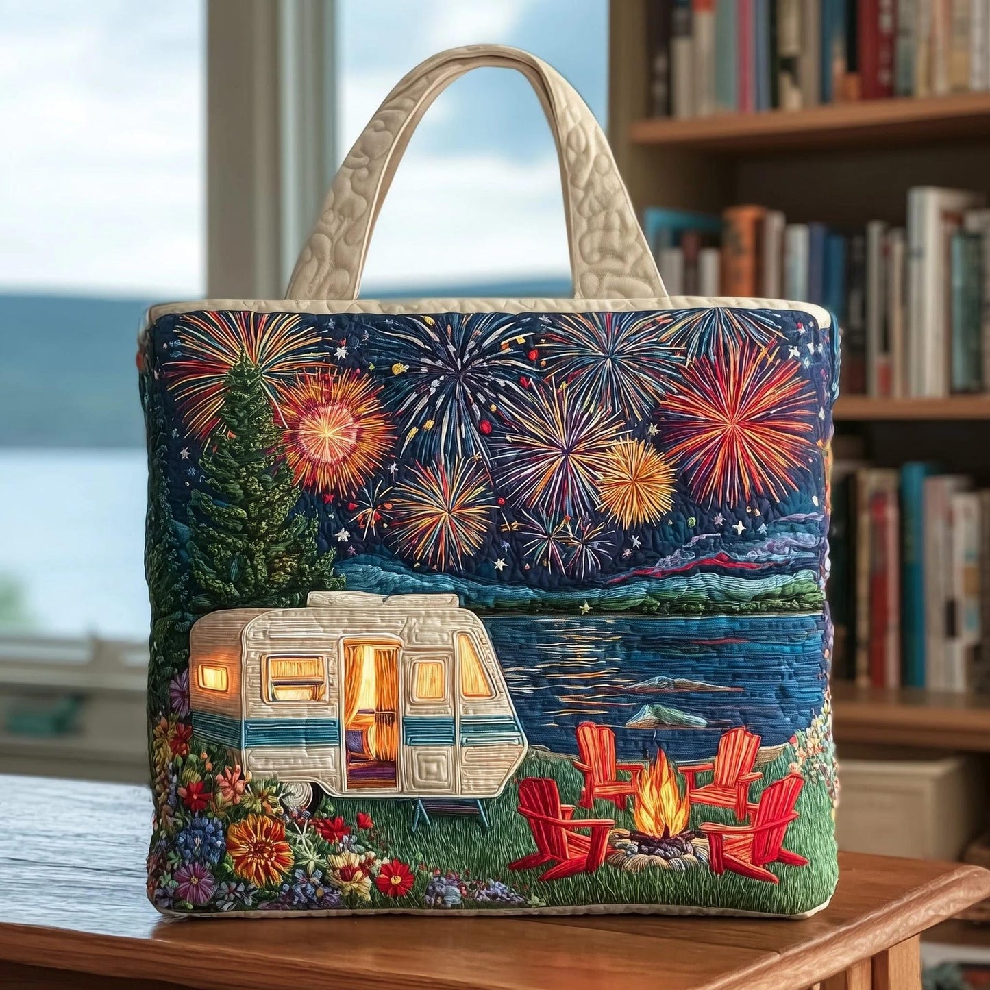 Fireworks Camping Quilted Tote Bag EM10