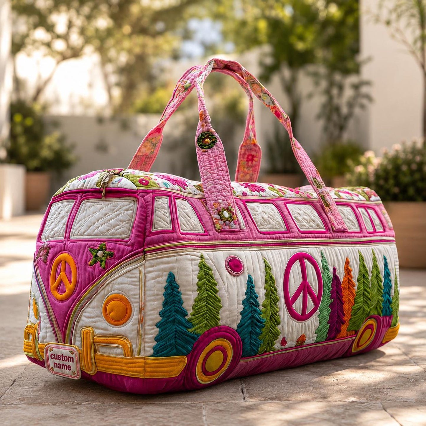 Floral Pink Hippie Personalized Quilted Duffle Bag EM08