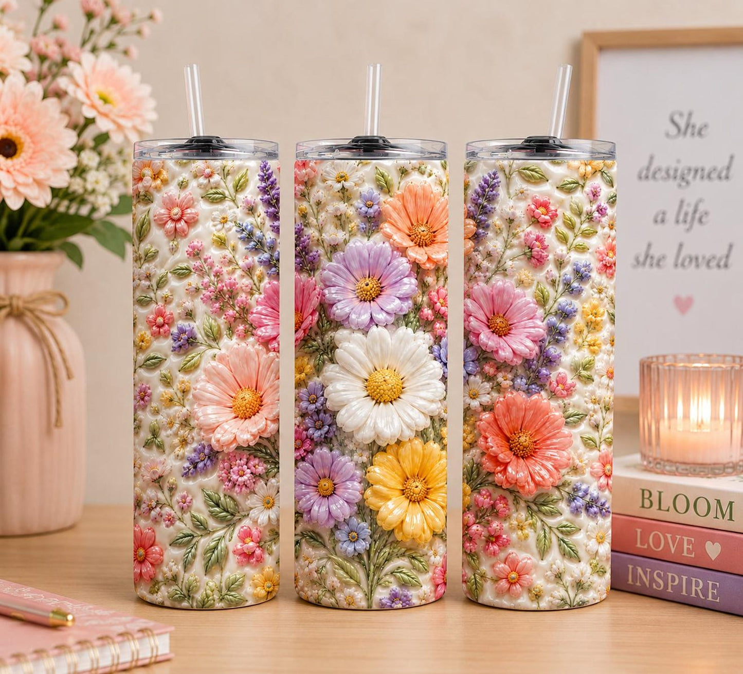 Puffy Floral Skinny Tumbler EM15
