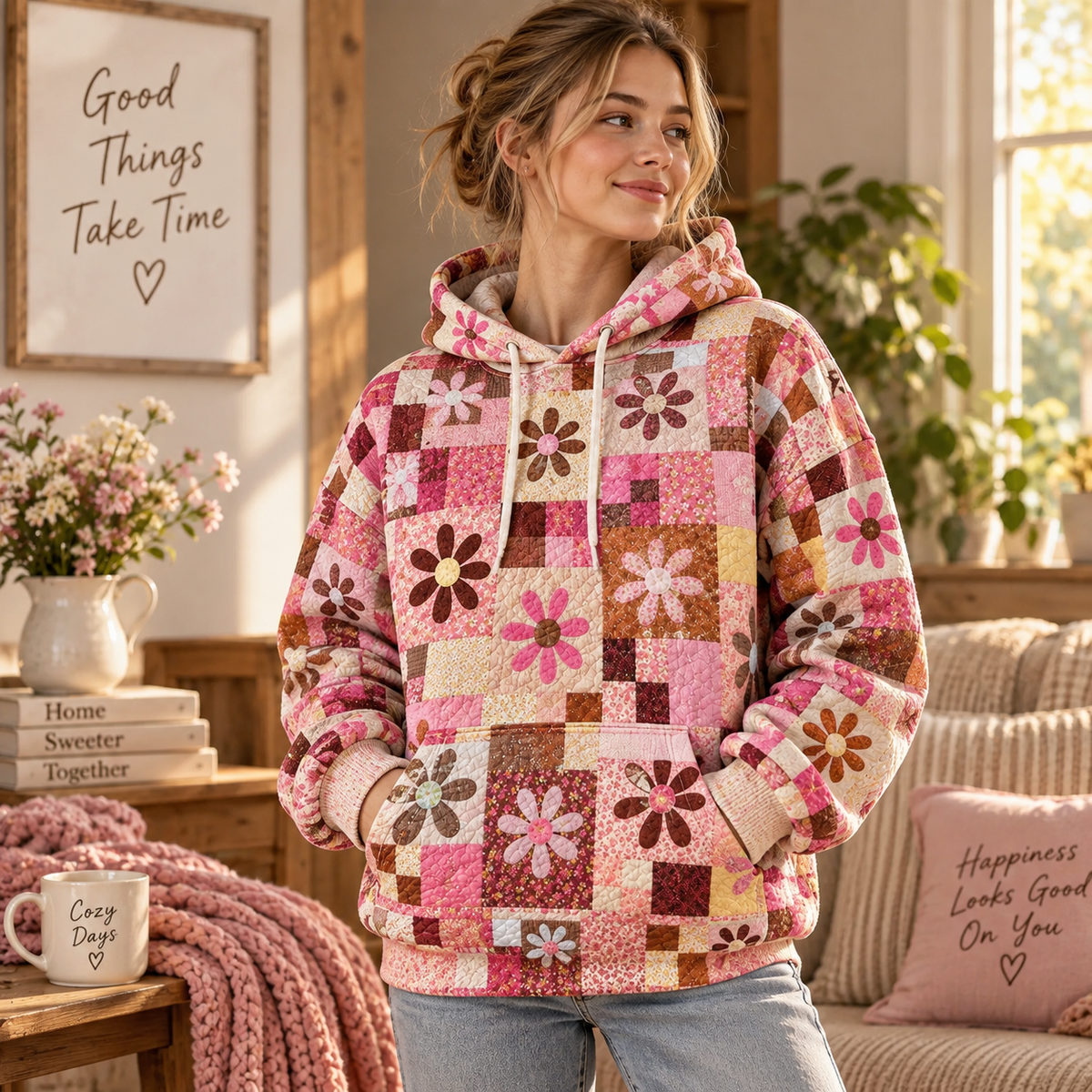 Retro Patchwork Floral Heavy Blend Hooded Sweatshirt LD01