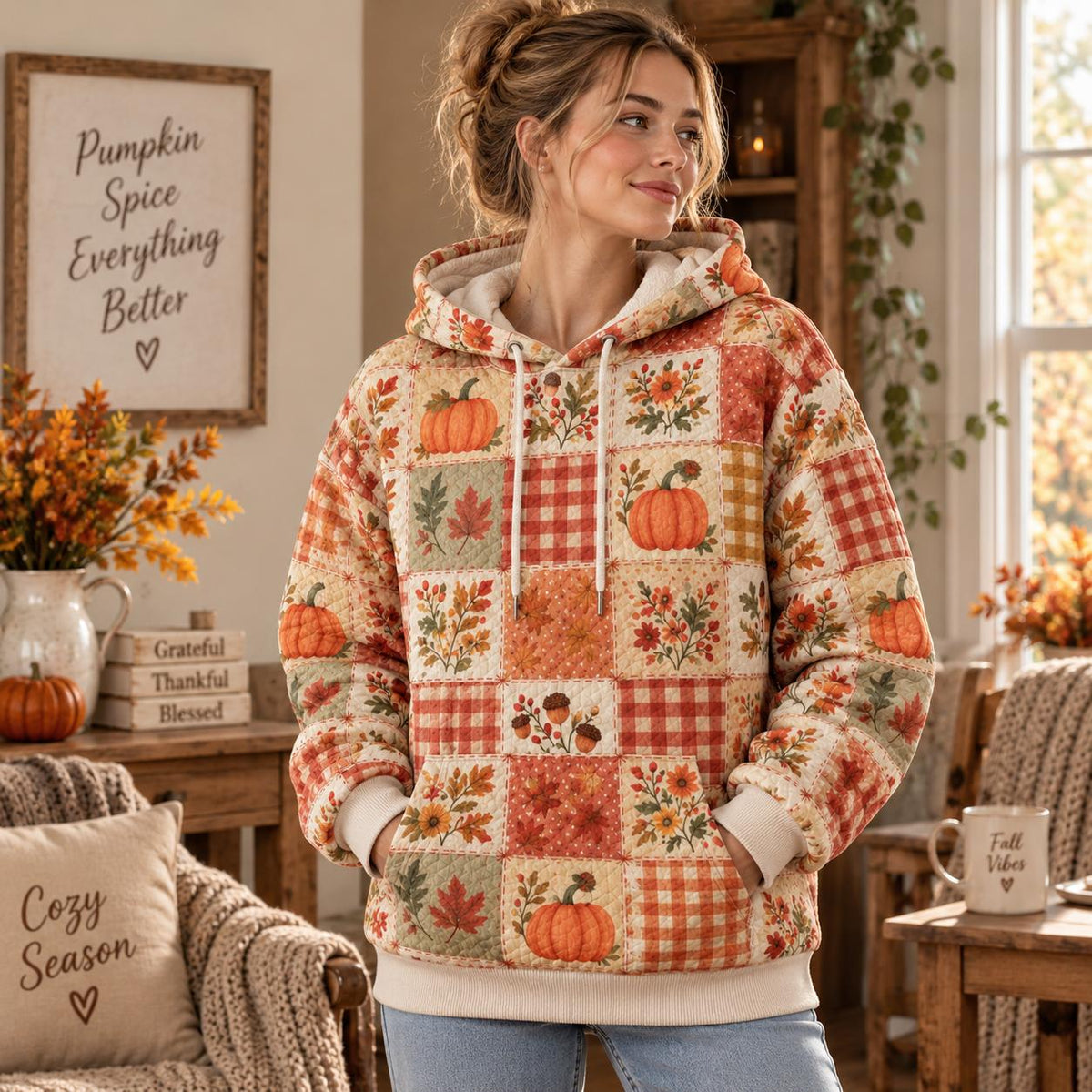 Cozy Pumpkin & Plaid Print Heavy Blend Hooded Sweatshirt LD03