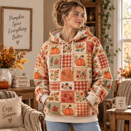 Cozy Pumpkin & Plaid Print Heavy Blend Hooded Sweatshirt LD03