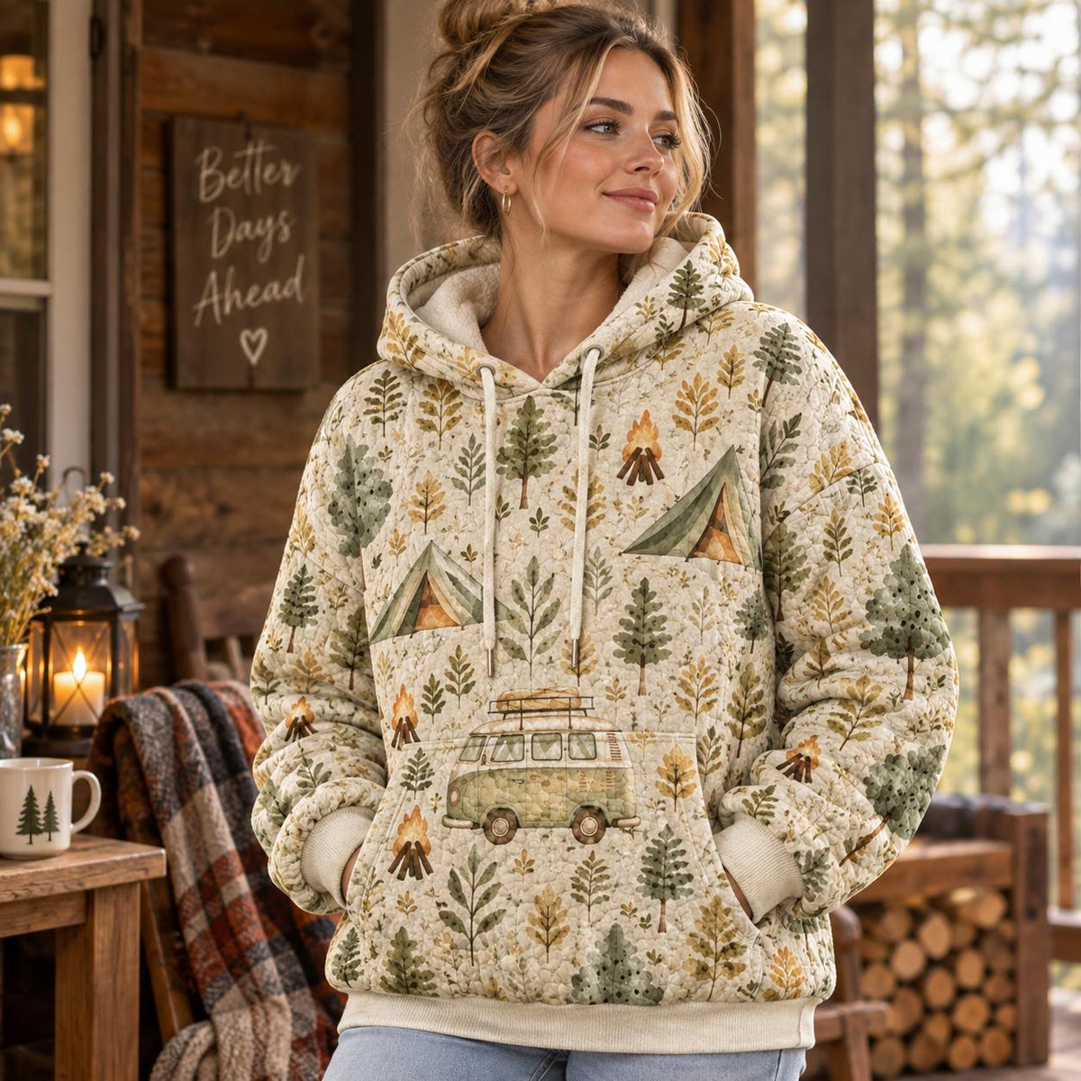 Vintage Camping Pattern Heavy Blend Hooded Sweatshirt LD05