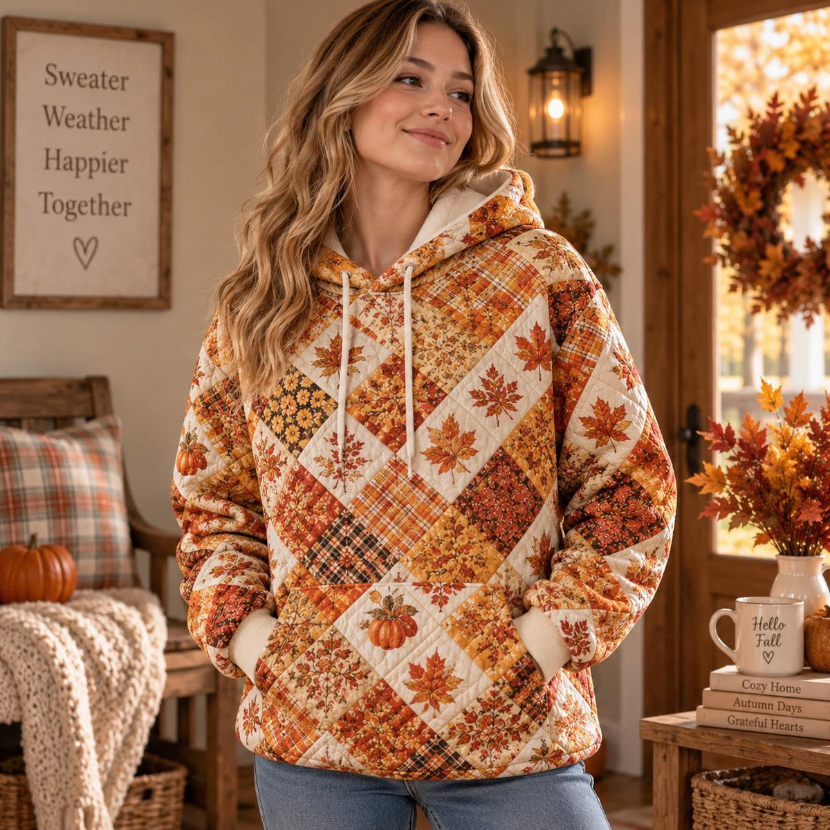 Autumn Leaves & Pumpkin Print Heavy Blend Hooded Sweatshirt LD06