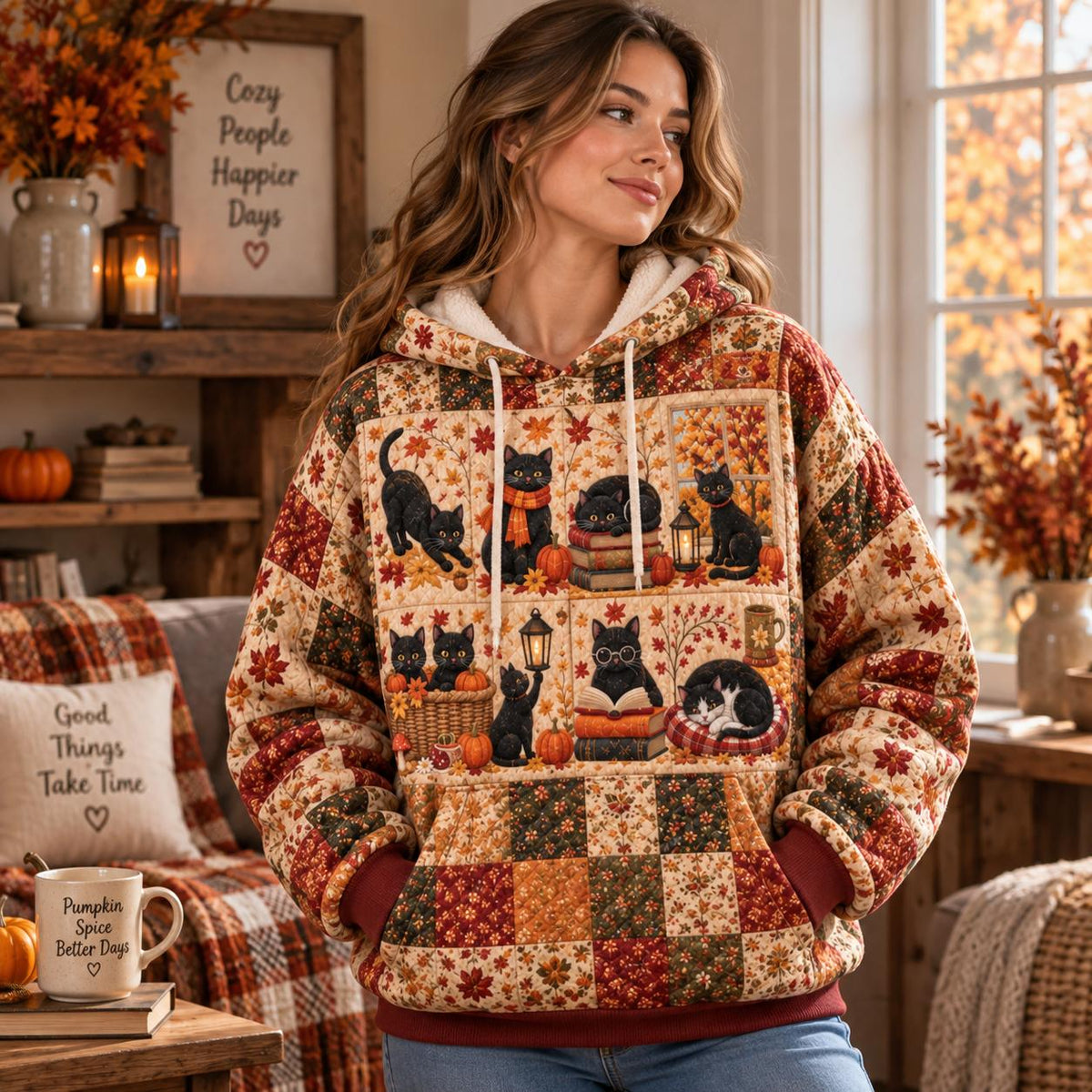 Cozy Autumn Black Cat Patchwork Heavy Blend Hooded Sweatshirt LD11