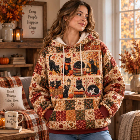 Cozy Autumn Black Cat Patchwork Heavy Blend Hooded Sweatshirt LD11