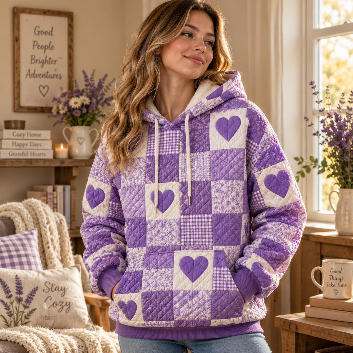 Cozy Purple Heart Patchwork Heavy Blend Hooded Sweatshirt LD12