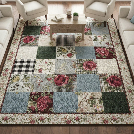 Cottagecore Rose & Gingham Area Rug LD09