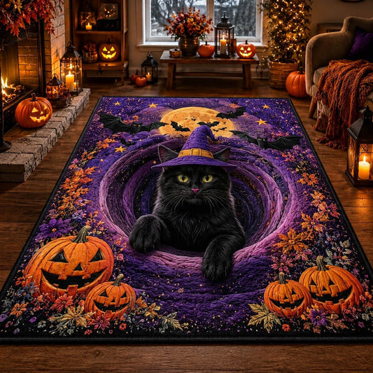 3D Witch Black Cat Halloween Area Rug LD14