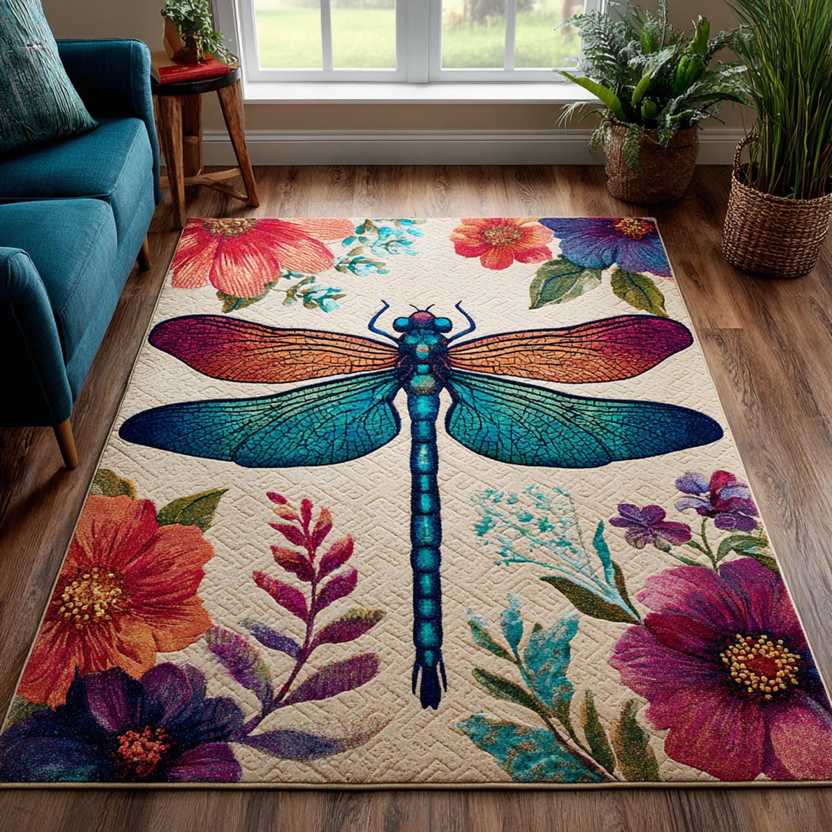 Colorful Dragonfly Floral Area Rug LD16