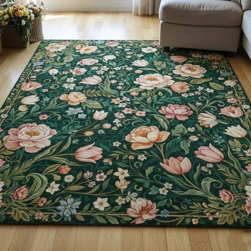 Vintage Dark Green Floral Area Rug LD37