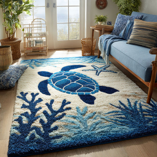 Coastal Sea Turtle Premium Faux Cashmere Area Rug LD01