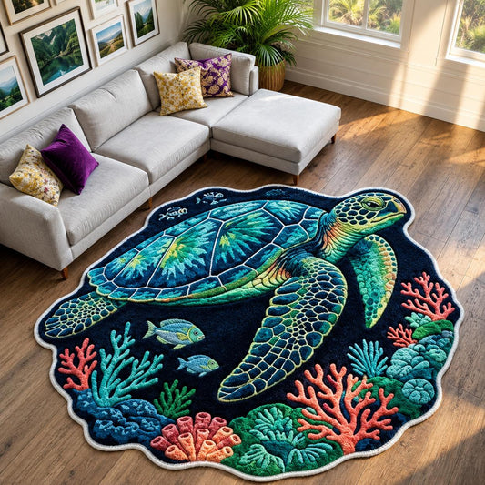 Under the Sea Turtle Custom Shape Area Rug Faux Cashmere Style LD12