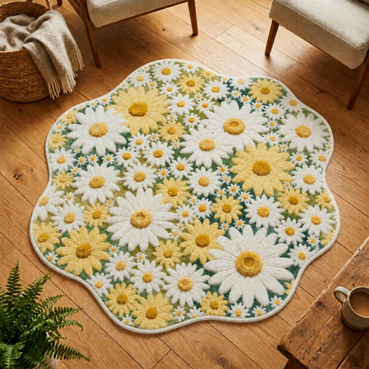 Yellow & White Daisy Flower Custom Shape Area Rug Faux Cashmere Style LD17