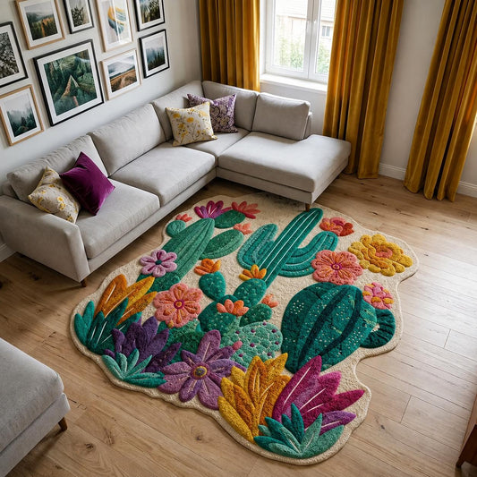 Colorful Cactus & Succulent Custom Shape Area Rug Faux Cashmere Style LD18