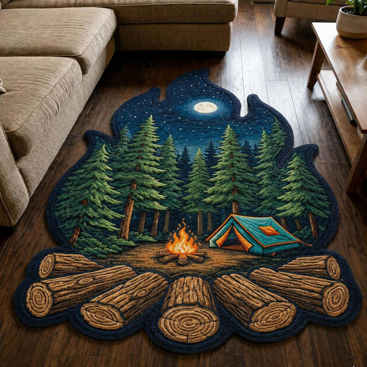 Campfire Night Pine Forest Custom Shape Area Rug Faux Cashmere Style LD20