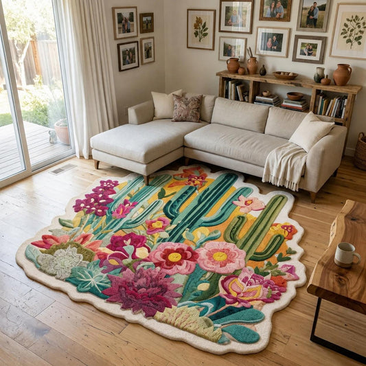 Vibrant Cactus & Desert Flower Custom Shape Area Rug Faux Cashmere Style LD21