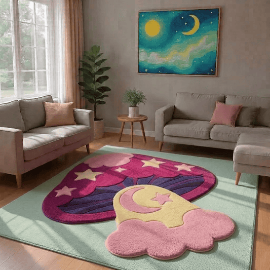 Pastel Moon, Stars & Cloud Custom Shape Area Rug Faux Cashmere Style LD23