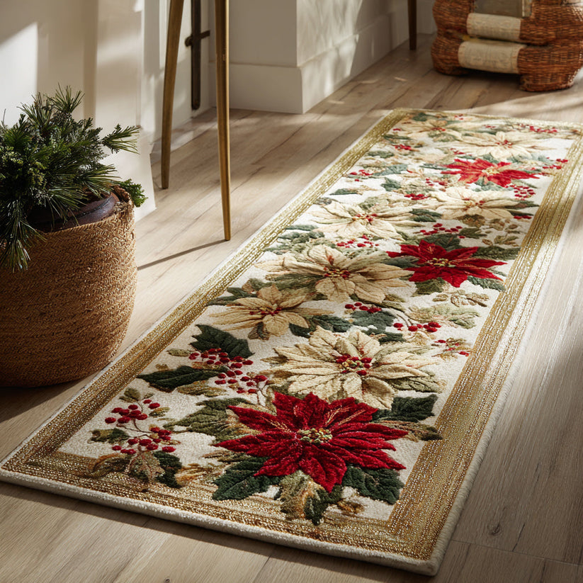 Cream Poinsettia Christmas Runner Carpet LD12