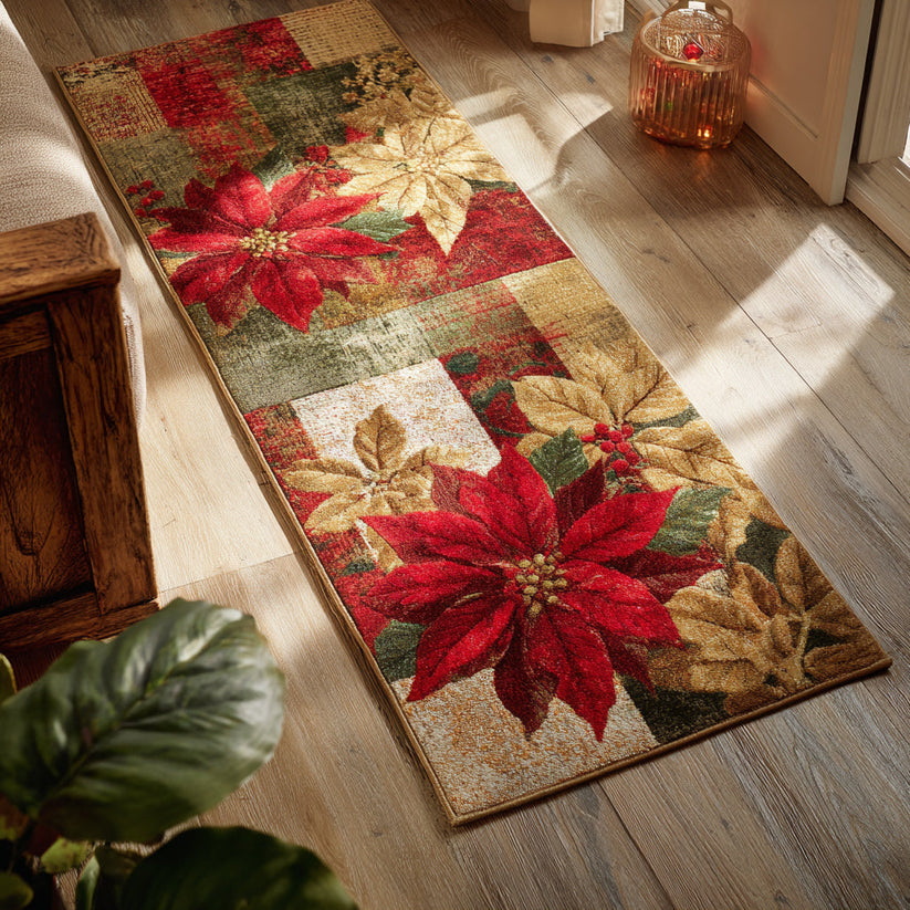 Holiday Poinsettia Floral Runner Carpet LD19