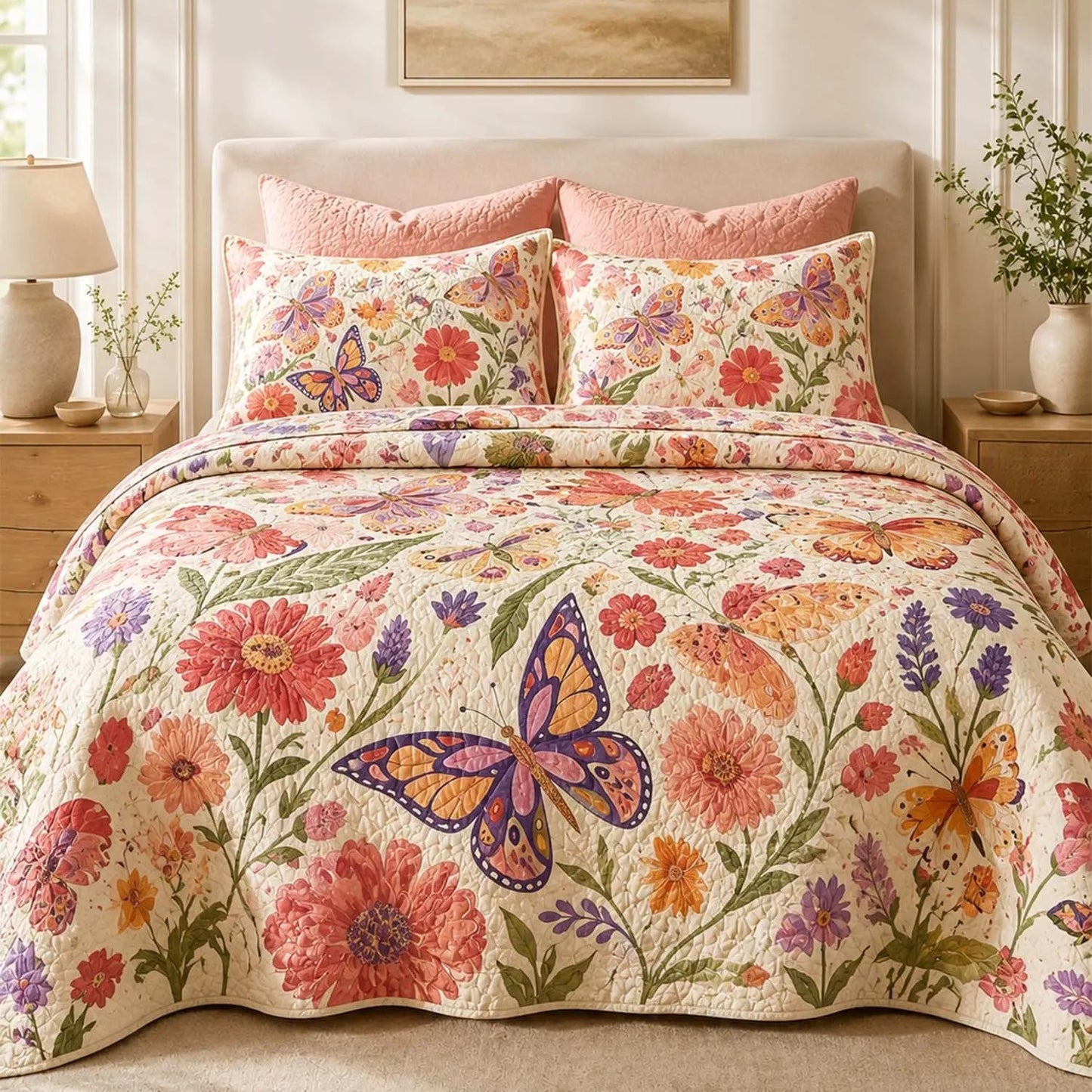 Butterfly & Floral Quilted Bedding Set LD10