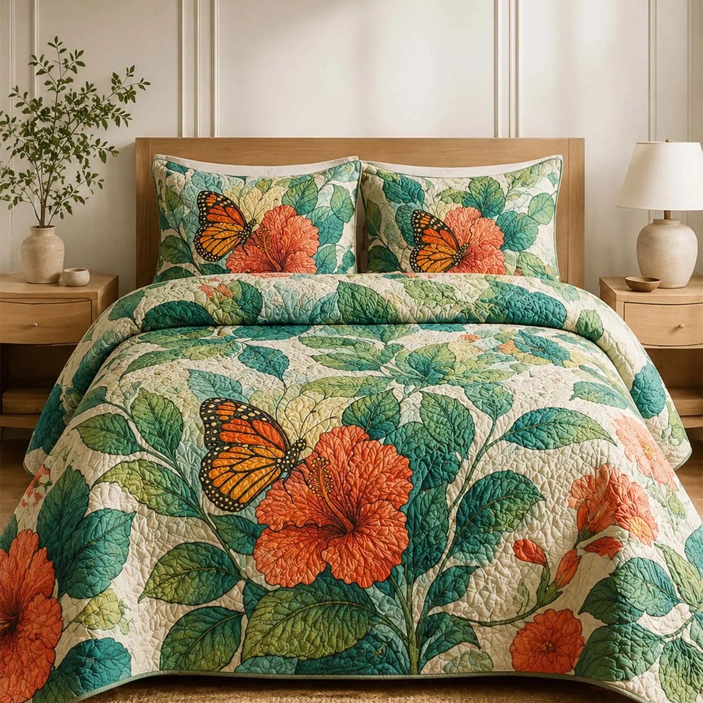Vintage Monarch Butterfly & Hibiscus Quilted Bedding Set LD14