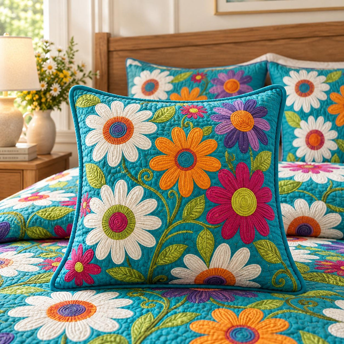 Bohemian Colorful Daisy Floral Quilted Pillow Cover LD140QLTPLC