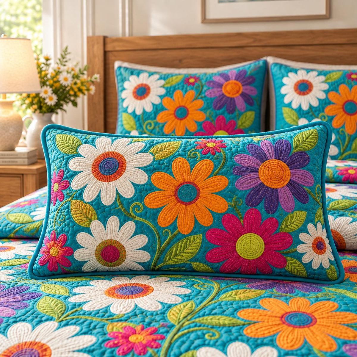 Bohemian Colorful Daisy Floral Quilted Pillow Cover LD140QLTPLC