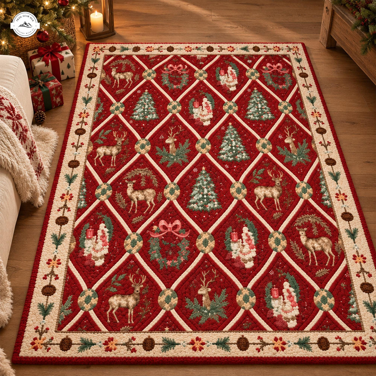 Vintage Christmas Reindeer & Tree Patchwork Faux Cashmere Area Rug LD158FCARUG