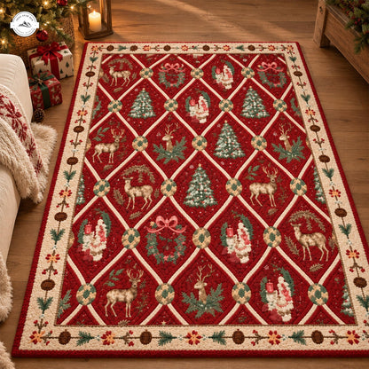Vintage Christmas Reindeer & Tree Patchwork Faux Cashmere Area Rug LD158FCARUG