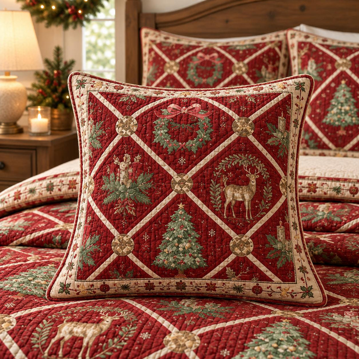 Vintage Christmas Reindeer & Tree Patchwork Quilted Pillow Cover LD158QLTPLC