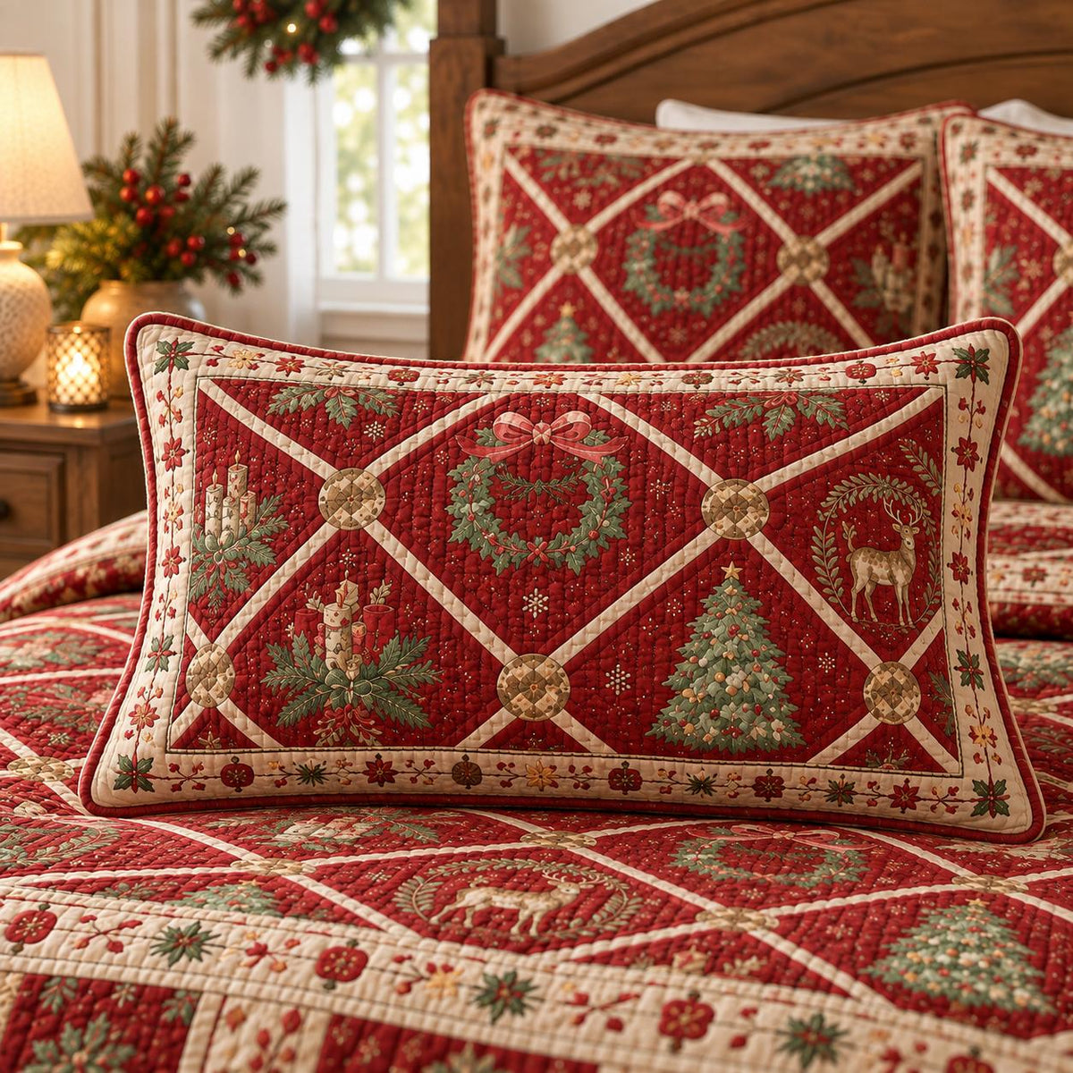 Vintage Christmas Reindeer & Tree Patchwork Quilted Pillow Cover LD158QLTPLC