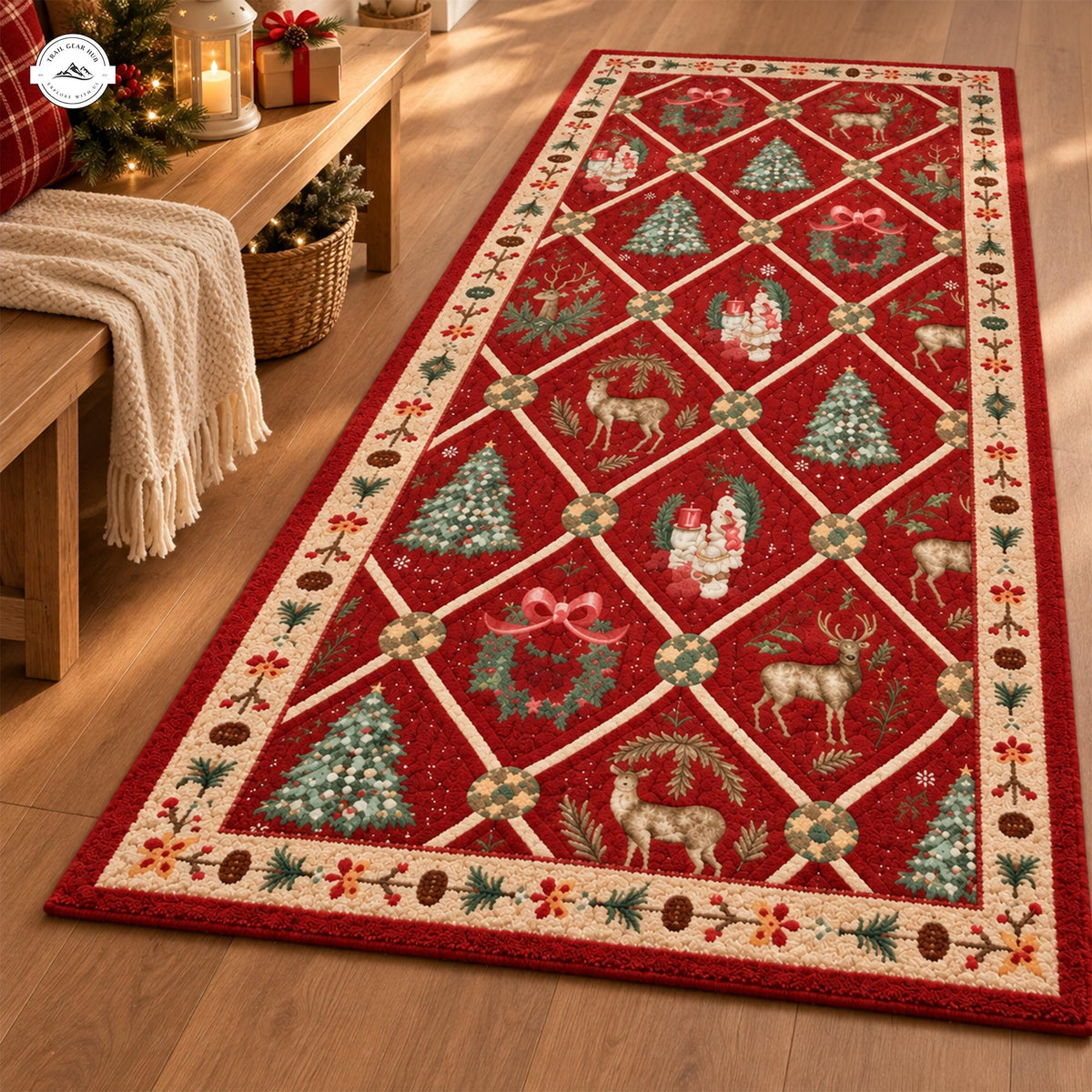 Vintage Christmas Reindeer & Tree Patchwork Plush Runner Rug LD158RUGHN117