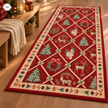 Vintage Christmas Reindeer & Tree Patchwork Plush Runner Rug LD158RUGHN117