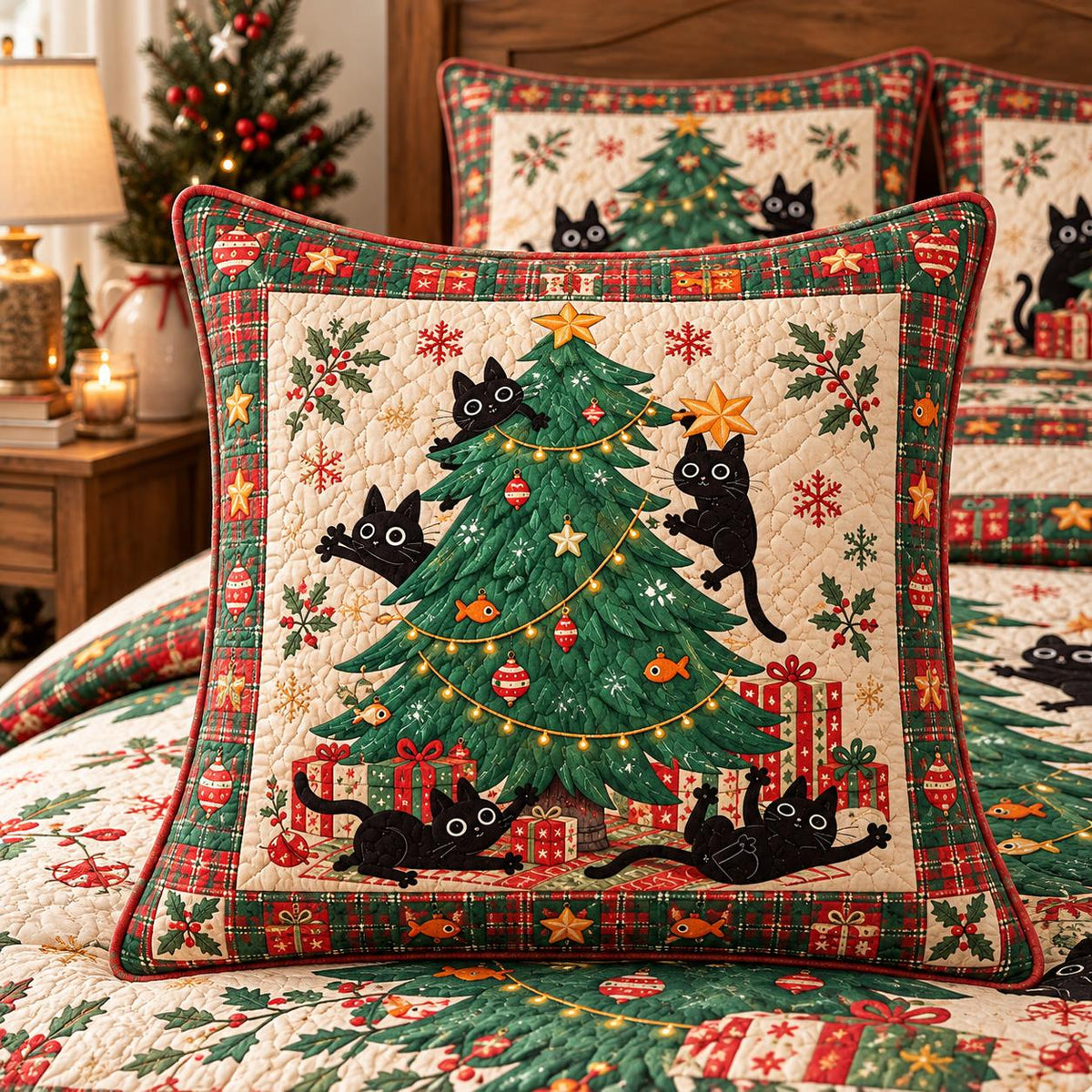 Christmas Black Cat Quilted Pillow Cover LD165QLTPLC