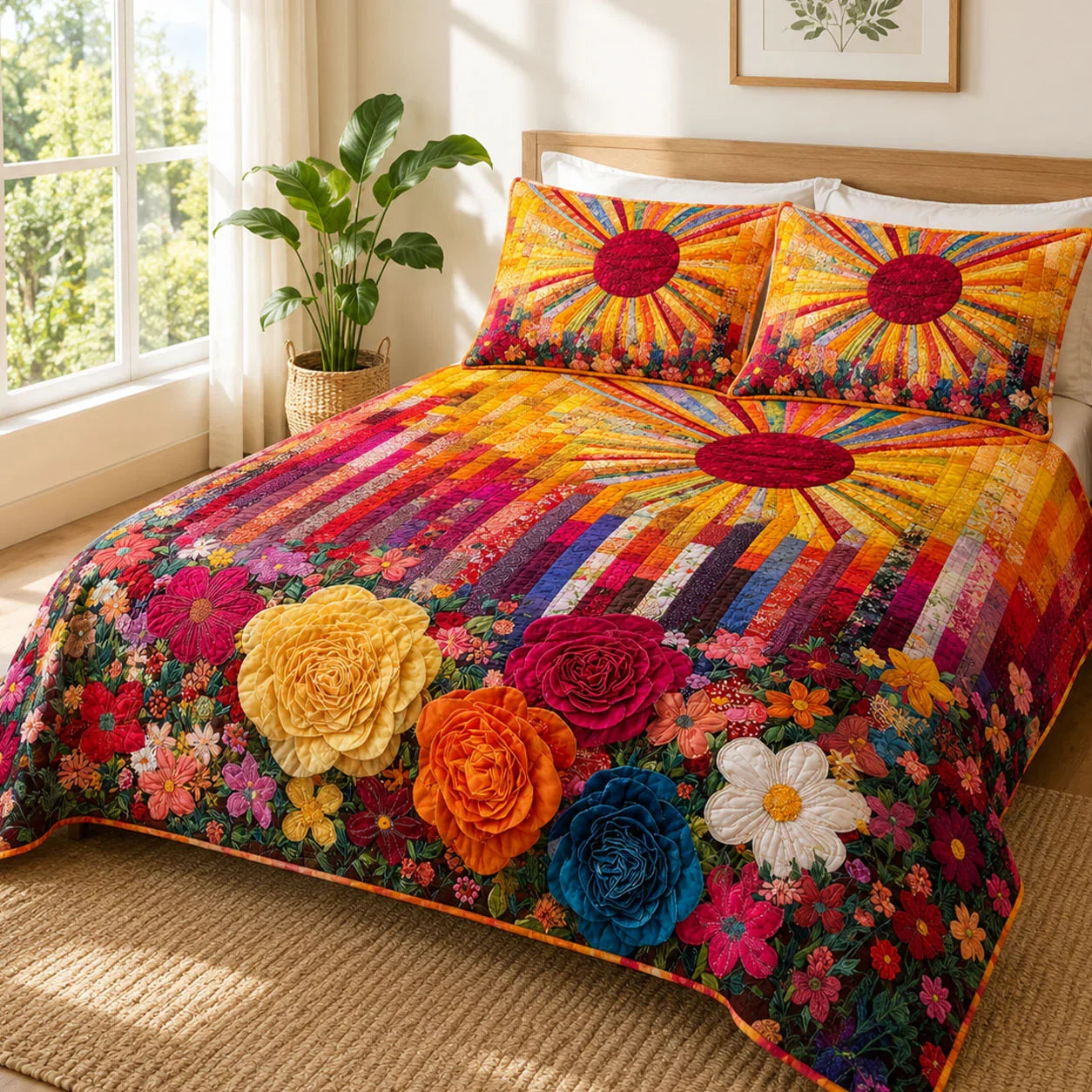 Vibrant Sunburst & Floral Quilted Bedding Set LD18