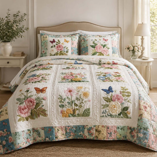 Vintage Botanical Floral Quilted Bedding Set LD26