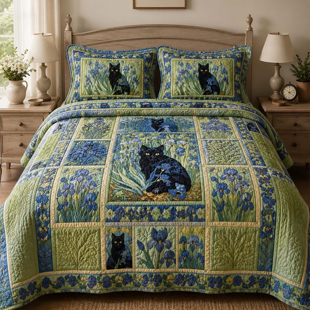 Botanical Blue Iris & Black Cat Quilted Bedding Set LD27