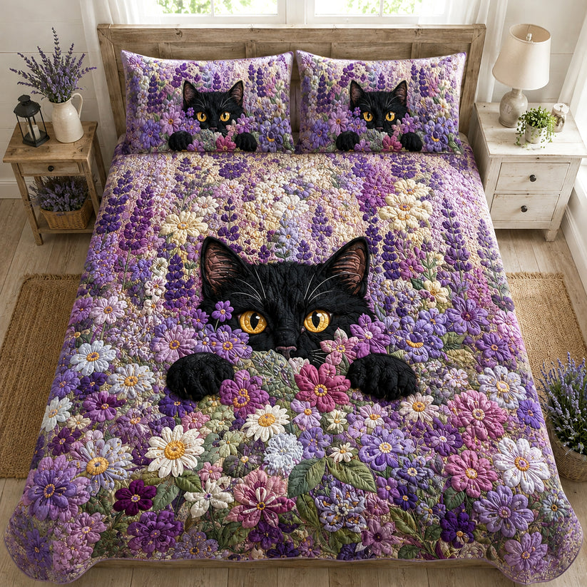 Black Cat & Lavender Floral Quilted Bedding Set LD29