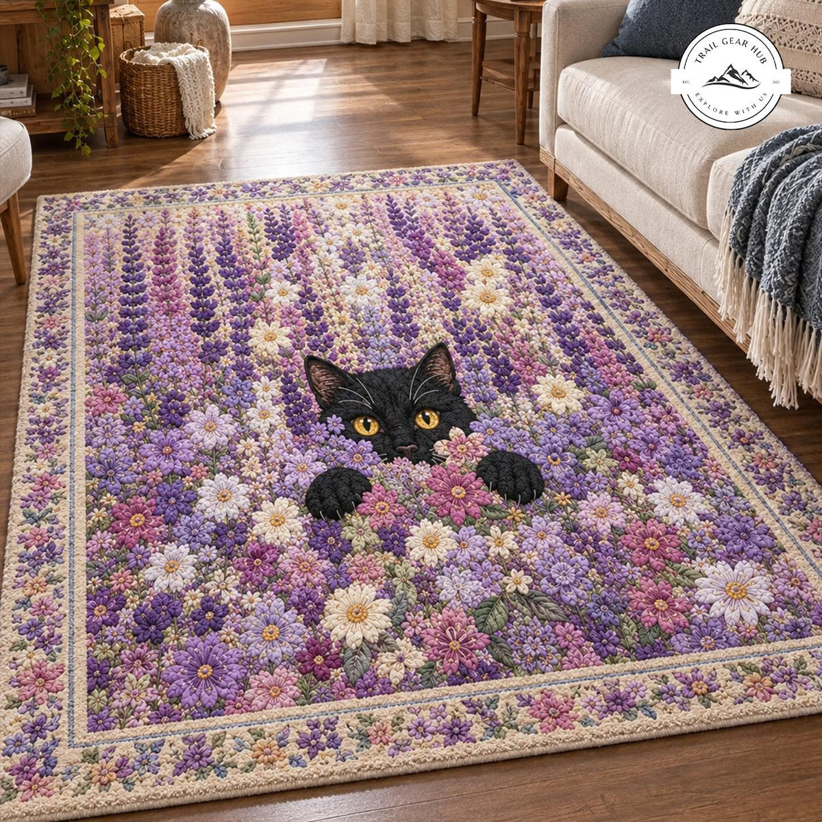 Black Cat & Lavender Floral Faux Cashmere Area Rug LD29FCARUG